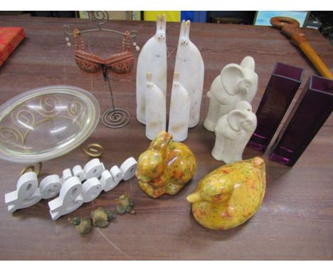 various china and glass- ceramic cats and elephants, floral duck and rabbit, 2 purple glass vases etc