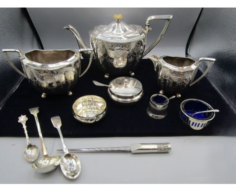 Silver spoon, Silver plate teapot, jug and sugar bowl, Pewter letter opener and condiment pots, 2 spoons