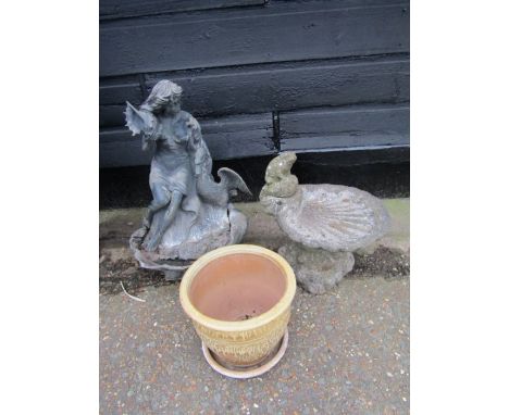 Concrete birdbath, ceramic pot and resin lady statue&nbsp;