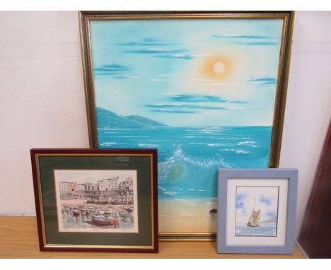 Tenby ltd edition print,&nbsp; watercolour of a ship signed bottom left and an oil on board of a beach signed RH&nbsp;