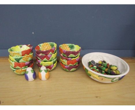 Set of 12 hand painted ceramic fruit bowls, large bowl and spoons etc&nbsp;