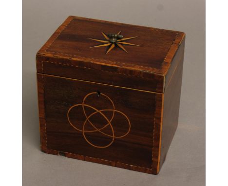 A GEORGE III MAHOGANY TEA CADDY, inlaid with sunburst and interlinked circle motifs, height 13cm