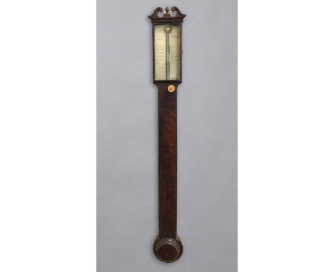 A STICK BAROMETER, in mahogany case with silvered plate signed Abraham, Optician, Bath, height 86cm