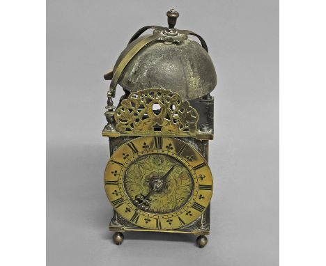 A LATE 17TH CENTURY LANTERN CLOCK, the 6 1/4" dial with brass chapter ring and floral engraved centre signed W. Raynes, York(