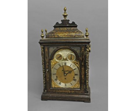 A GEORGE III CHINOISERIE LACQUERED BRACKET CLOCK, the 7 1/2" brass dial with silvered chapter ring and Roman numerals below s