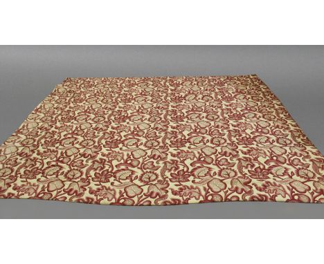 A PAIR OF CREWELWORK CURTAINS, lined and interlined, in a rose coloured scrolling branch and leaf design, each 240cm drop x 3