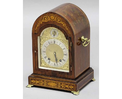MAHOGANY AND INLAID LANCET MANTEL CLOCK, late 19th century, the 5" silvered dial beneath a fast slow dial on a brass dial, th