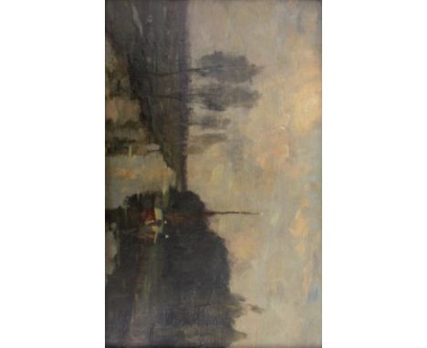 •BERTRAM PRIESTMAN, RA (1868-1951) BARGE AT DUSK, HOLLAND Signed, oil on board 24.5 x 38.5cm. ++ Needs a light clean