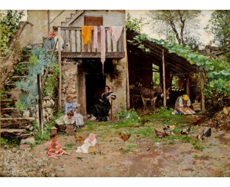 RAFFAELE TAFURI (1857-1929) A HAPPY HOMESTEAD Signed, oil on canvas 64 x 86.5cm. ++ Strip lined; small patched repair lower l