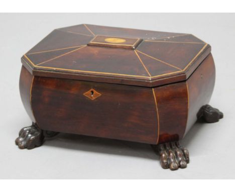 REGENCY ROSEWOOD AND TORTOISESHELL TEA CADDY, of octagonal form, the domed cover with central inlaid butterfly motif, enclosi