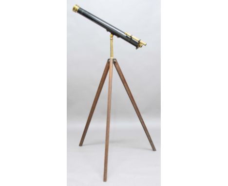 BLACK LACQUERED BRASS TELESCOPE, by Broadhurst, Clarkson and co, London, 3", with sighting scope, two eye pieces, sun shade a