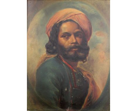 FOLLOWER OF EDWIN FREDERICK HOLT (1830-1912) PORTRAIT OF A INDIAN GENTLEMAN Bust length, wearing a blue tunic and a turban, w