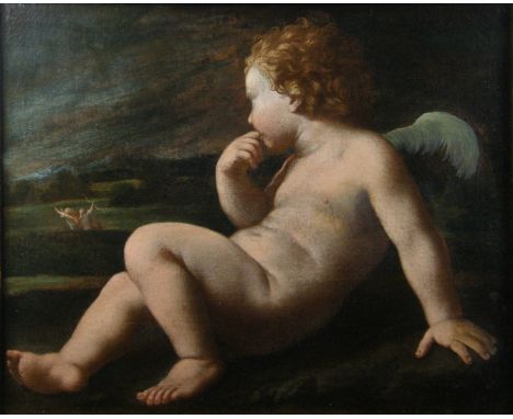 FOLLOWER OF GUIDO RENI (1575-1642) VENUS STEALING CUPID'S BOW Oil on canvas 63 x 78cm.; with an associated plain oak frame of