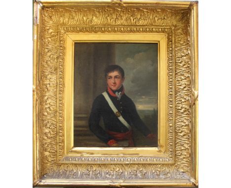 ENGLISH SCHOOL, EARLY 19th CENTURY PORTRAIT OF A YOUNG OFFICER Half length, wearing a blue tunic with a white sash, oil on ca