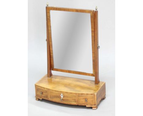 GEORGE III MAHOGANY BOW FRONTED TOILET MIRROR, the rectangular plate on a base with three drawers, height 64cm, depth 42cm