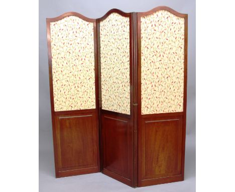 VICTORIAN MAHOGANY THREE FOLD SCREEN, each arching screen with floral tapestry panel, height 184cm, width of each panel 55cm