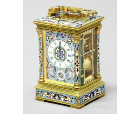FRENCH CHAMPLEVE CARRIAGE CLOCK, circa 1880, the enamelled dial with black roman numerals and inscribed Le Roy & Fils, Paris,