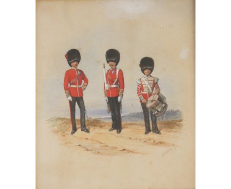 RICHARD SIMKIN (1840-1926) THREE OFFICERS OF THE COLDSTREAM GUARDS Signed and dated 85, watercolour and pencil vignette, heig