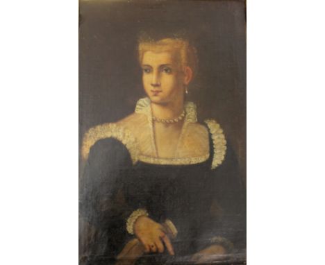 MANNER OF LAVINIA FONTANA (1552-1614) PORTRAIT OF A LADY Half length, wearing a dark dress with white lace, holding a glove, 