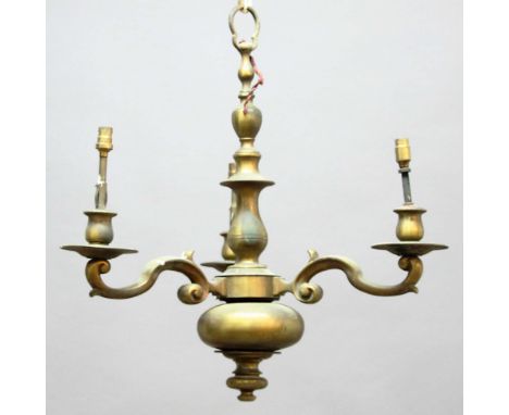 DUTCH STYLE BRASS THREE LIGHT CHANDELIER, with baluster column and scrolling arms, height 55cm, depth 55cm; together with a m