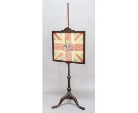 VICTORIAN POLE SCREEN, the double sided, glazed screen housing a silk Union Flag embroidered with a crest in th style of the 
