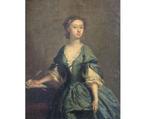 CIRCLE OF JOSEPH HIGHMORE (1692-1780) PORTRAIT OF A LADY Standing, long half length, wearing a blue dress and holding a lette