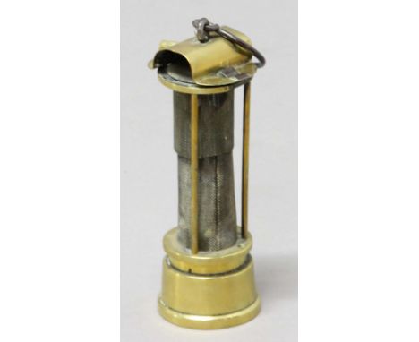 DAVY TYPE BRASS MINERS LAMP, possibly Newcastle, with hinged cover, steel gauze and brass reservoir, stamped 62 and 13, heigh