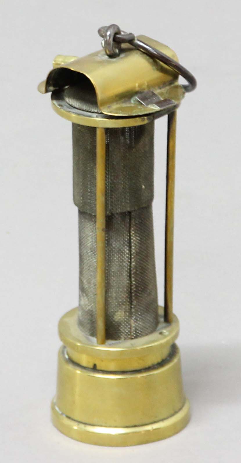 DAVY TYPE BRASS MINERS LAMP, possibly Newcastle, with hinged cover ...