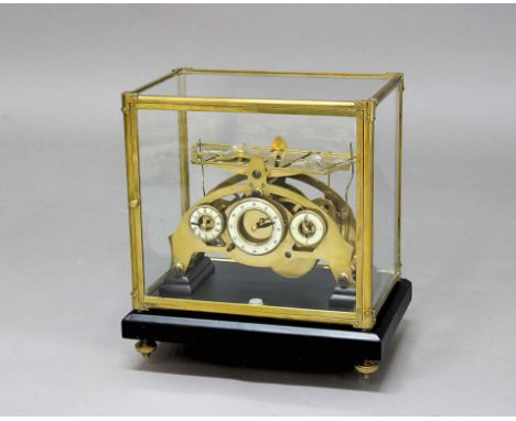 CONGREVE STYLE BRASS ROLLING BALL CLOCK, the three ivorine dials on brass, single fusee movement surmounted by the rocking ta