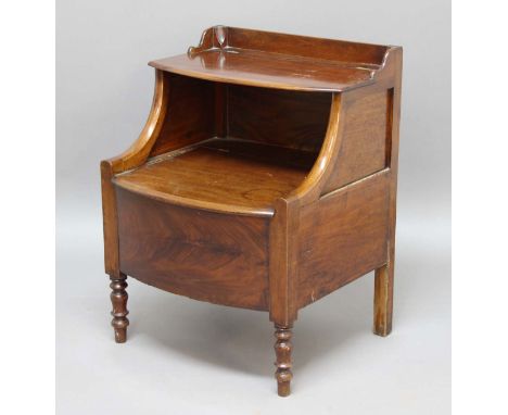 GEORGE III MAHOGANY LANCASHIRE COMMODE, of bow fronted form, the hinged top above a hinged seat, height 77cm, width 60cm, dep