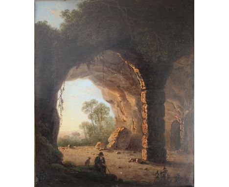 MANNER OF ADAM PYNACKER (1622-1673) FIGURE SEATED UNDER A RUINED ARCH Bears initials, oil on card 19 x 16cm. ++ Some craquelu