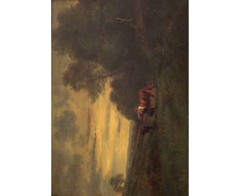 FOLLOWER OF JEAN BAPTISTE CAMILLE COROT (1796-1875) COUNTRY GIRL WITH A COW AND CALF Bears signature, oil on panel 24.5 x 35c