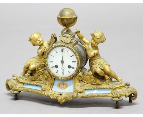 FRENCH GILT METAL AND PORCELAIN MOUNTED MANTEL CLOCK, the 3 1/4" enamelled dial inscribed Hry Marc a Paris on a brass eight d