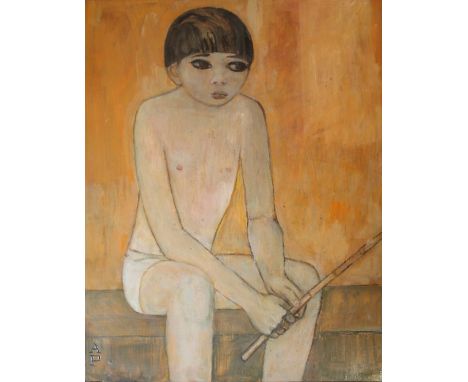 •ALEX PORTNER (1920-1982) BOY - FISHING Signed with initials (incised), stamped with name and initials verso, oil on panel 42