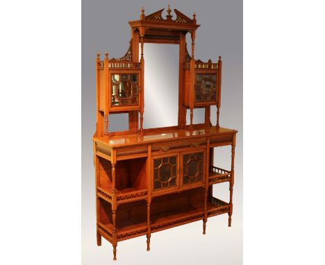 WALNUT MIRROR BACK SIDEBOARD, the temple pediment above a central bevelled mirror flanked by a pair of glazed cupboards, the 