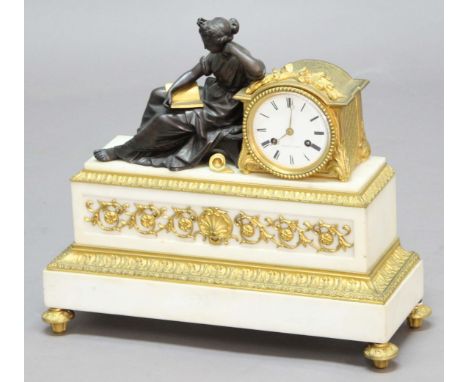 FRENCH MARBLE AND ORMOLU MOUNTED MANTEL CLOCK, late 19th century, the 3 1/2" enamelled dial inscribed Dehne a Paris, on a bra