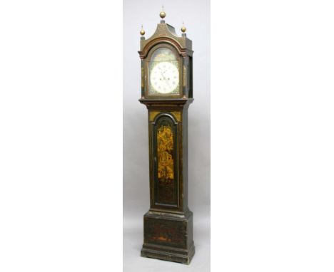 BLACK LACQUERED AND GILT LONGCASE CLOCK, the painted dial with 11" chapter ring, subsidiary seconds dial and date aperture, i