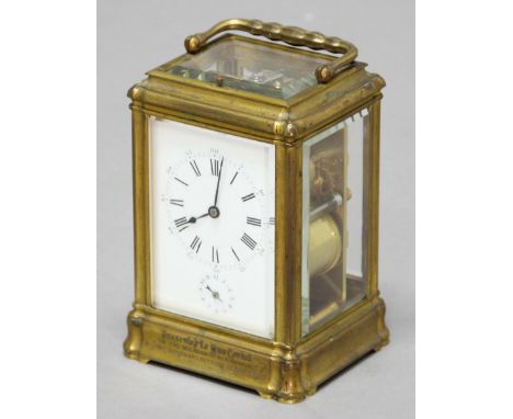 FRENCH GILT BRASS GORGE CASED CARRIAGE CLOCK, late 19th century, possibly petite sonnerie, the enamel dial with subsidiary al