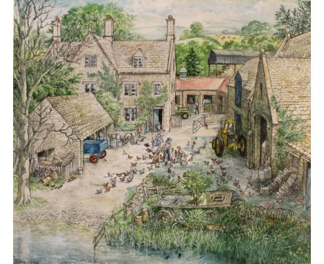 •GRAHAM OAKLEY (b.1929) "ON A FARM BY A RIVER LIVED SEVERAL CHICKENS" (from `HETTY AND HARRIET`) Signed, watercolour and body