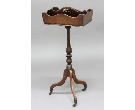 MAHOGANY CUTLERY TRAY ON STAND, with two divisions on a turned column and tripod base, height 80cm