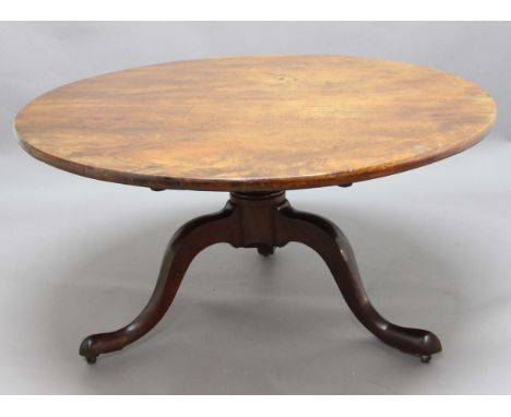 GEORGE III MAHOGANY TILT TOP DINING TABLE, the circular top on a short turned column and scrolling tripod base, height 74cm, 