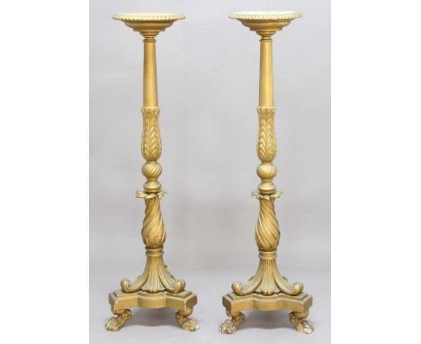 PAIR OF GILT PAINTED CARVED WOOD TORCHERES, the gadrooned tray on a column with stiff leaves and twisting baluster base, scro