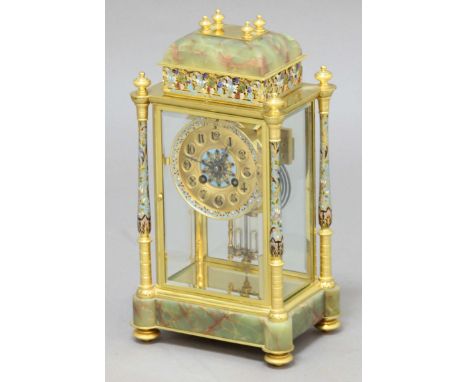 FRENCH BRASS AND CHAMPLEVE MANTEL CLOCK, 20th century, the dial with gothic arabic numbers on a brass, eight day, movement ho