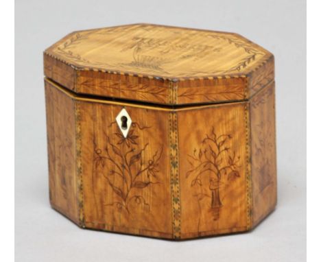 GEORGE III SATINWOOD AND PENWORK TEA CADDY of octagonal form, decorated with an urn and foliage, with single canister interio