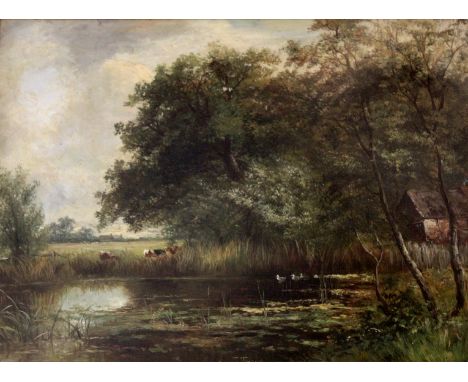 JOSEPH THORS (c.1835-1920) THE FARM POND Signed, oil on canvas 28.5 x 39cm. ++ Needs a light clean; period gilt frame