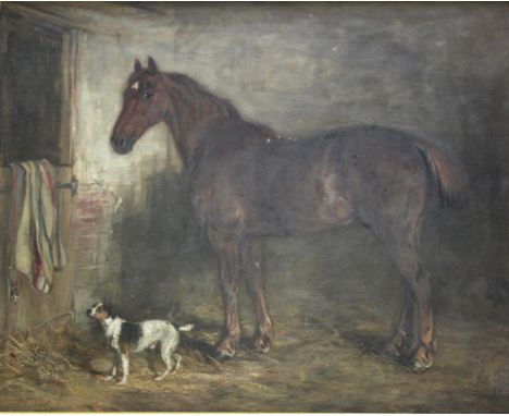 ROBERT ALEXANDER, RSA (1840-1923) A BAY HORSE AND A TERRIER IN A STABLE Oil on canvas 41.5 x 51.5cm. ++ A few minor flaked lo
