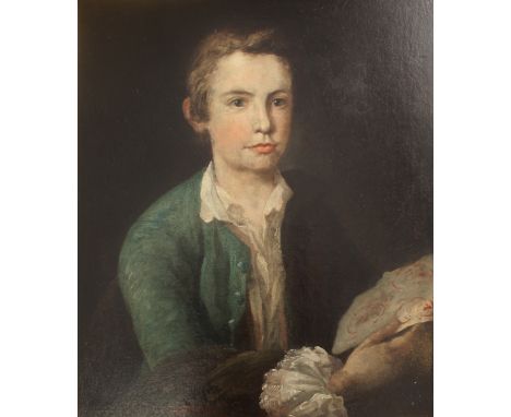 FOLLOWER OF JOHN OPIE, RA (1761-1807) PORTRAIT OF A BOY Half length, wearing a blue-green coat, lace cuffs and holding a shee