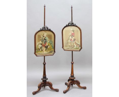 PAIR OF VICTORIAN MAHOGANY POLE SCREENS, the arched screen with convolvulus crests containing embroidered scenes, the poles o