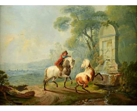 GEORGE BARRET Senr, RA (c.1730-1784) & SAWREY GILPIN, RA (1733-1807) A HORSEMAN WITH TWO MOUNTS AT A SPRING; DEER RESTING BY 