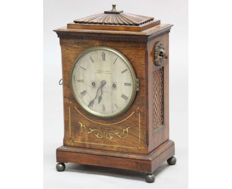 REGENCY ROSEWOOD MANTEL CLOCK, the 6" silvered dial inscribed Gravell & Son, Charter-House Square, London 4151, on a brass, e